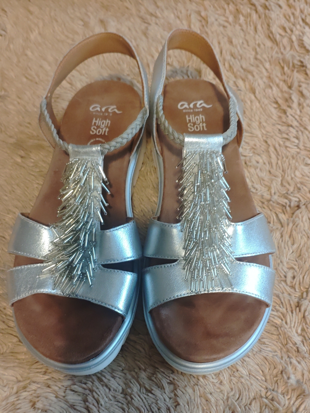 Ara Silver Beaded Braided T-Strap Sandals